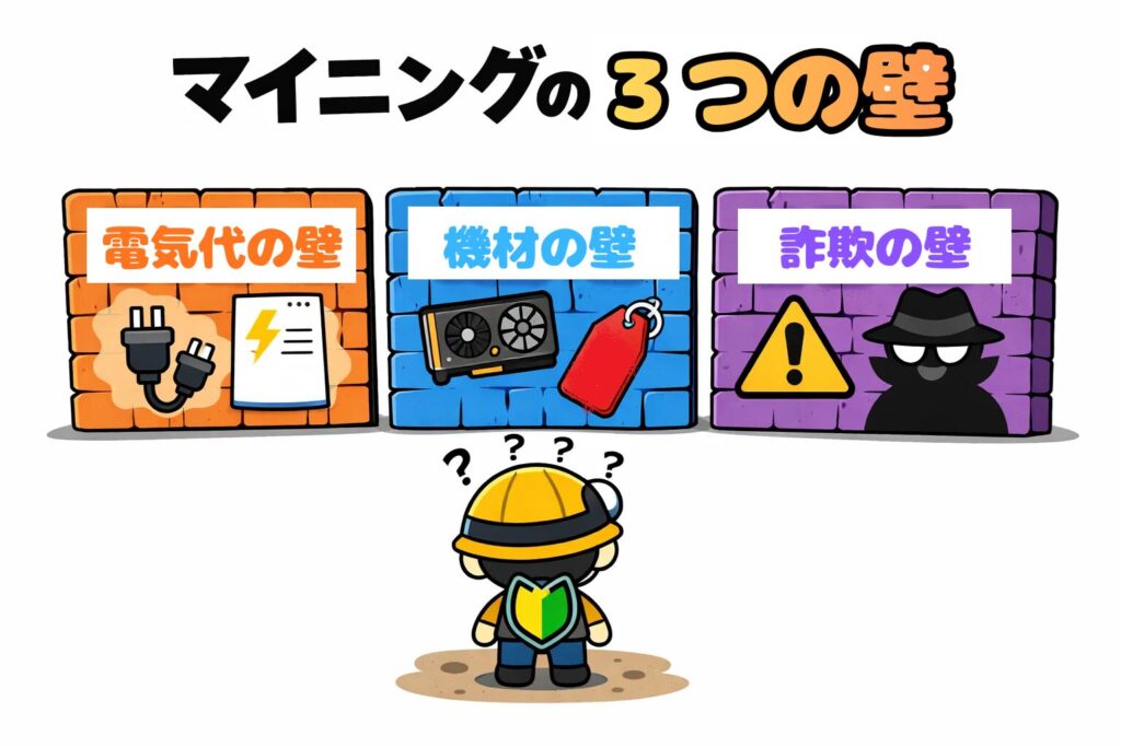 個人が自宅でマイニングを行う際の高い壁。日本の高騰する電気代や高価な専用機材、故障リスクなどのイメージ。