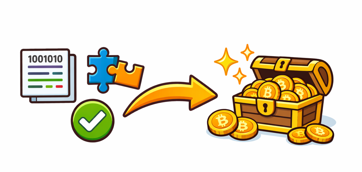 暗号資産のマイニング（採掘）の概念図。取引をブロックチェーンに記録し報酬としてコインを受け取るイメージ。