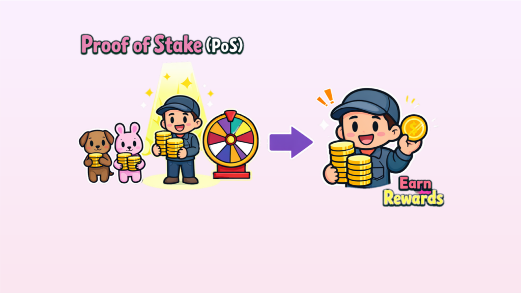 プルーフ・オブ・ステーク（PoS）の仕組み。暗号資産の保有量に応じて報酬が分配される、イーサリアムなどの環境に優しい方式。