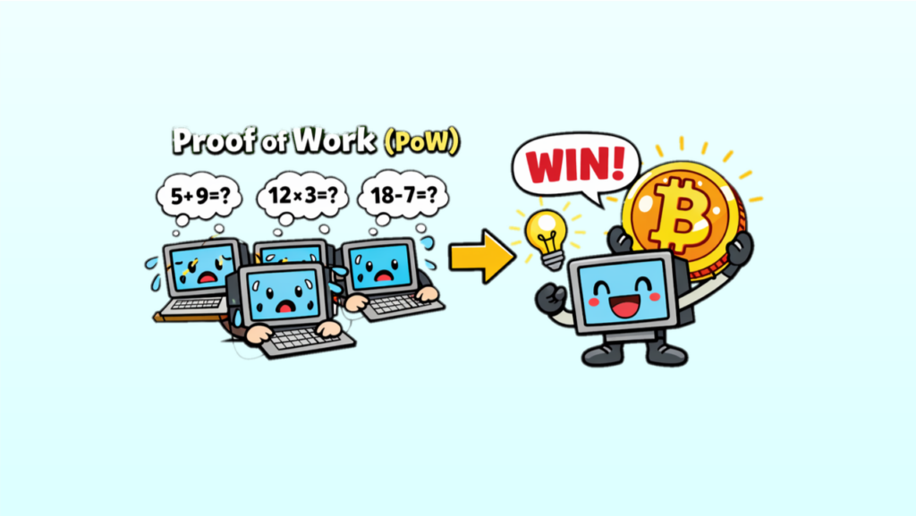 プルーフ・オブ・ワーク（PoW）の仕組み。高性能なPCが計算競争を行い、最初にパズルを解いて報酬を得るビットコインの方式。