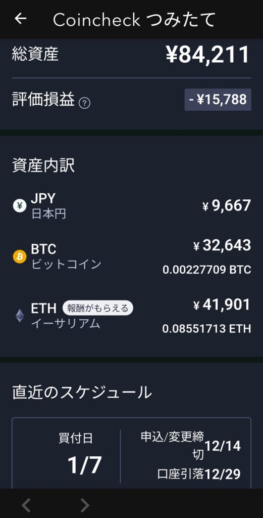 コインチェック(Coincheck)のイーサリアム(ETH)の積立実績のスクリーンショット