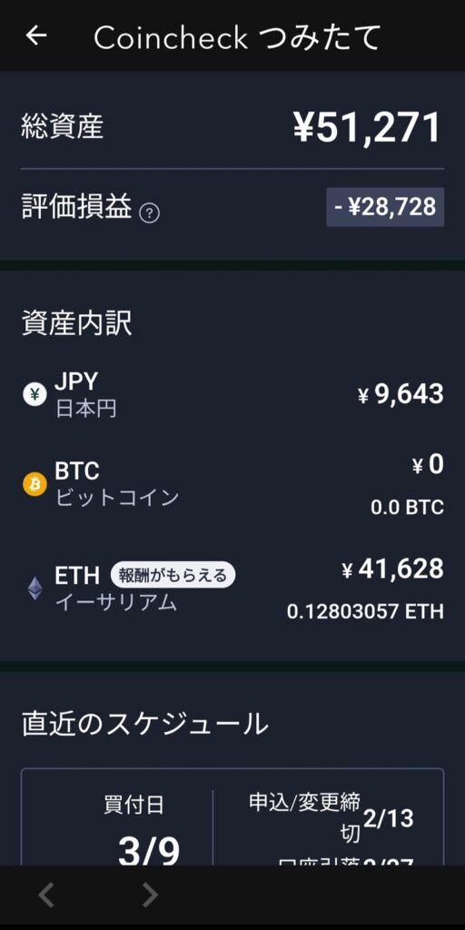 コインチェックの「イーサリアムのつみたて」画面。総資産51,271円、評価損益マイナス28,728円、直近の買付日3月9日と表示されたスマホ画面。