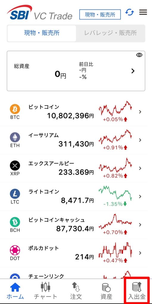 SBI VCトレードのアプリ画面。右下の「入出金」アイコンが赤枠で強調されている。