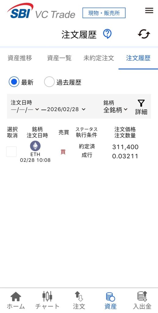 SBI VCトレードのアプリ画面。2026年2月28日に実行されたイーサリアム（ETH）の積立購入履歴。10,000円分が約定している証拠画面。