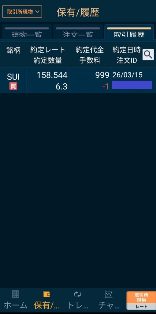 GMOコインでのSUI積立実績（14回目）の約定画面。158.544円で6.3SUIを購入した記録