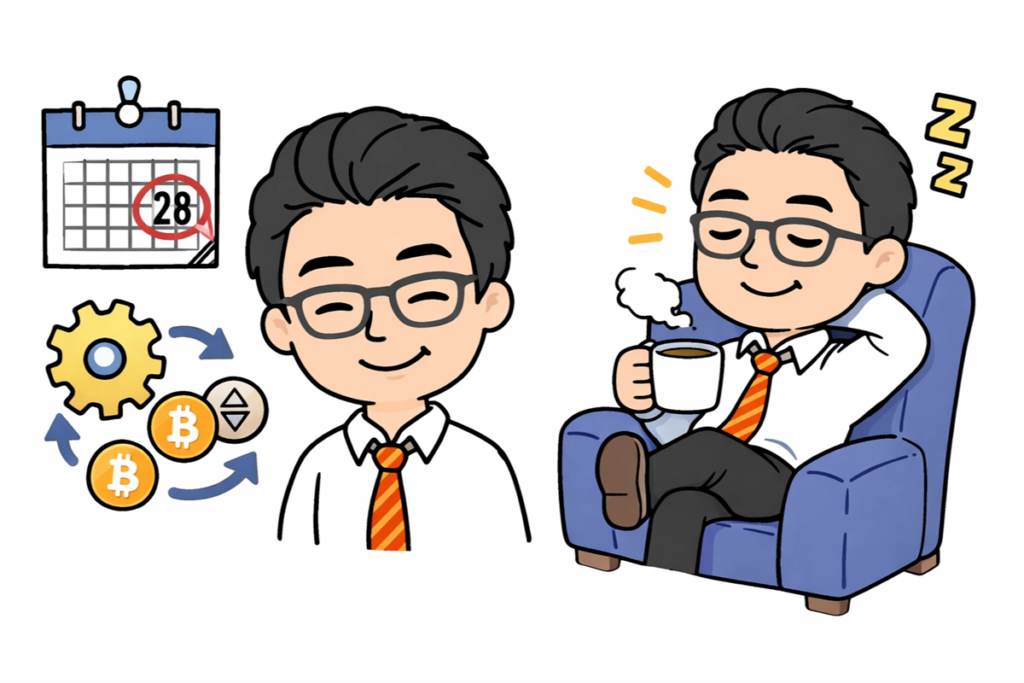 自動積立による「時間の自由」をイメージした図。忙しい50代でも、設定一つでシステムが24時間体制で資産運用を代行してくれるメリットを表現。