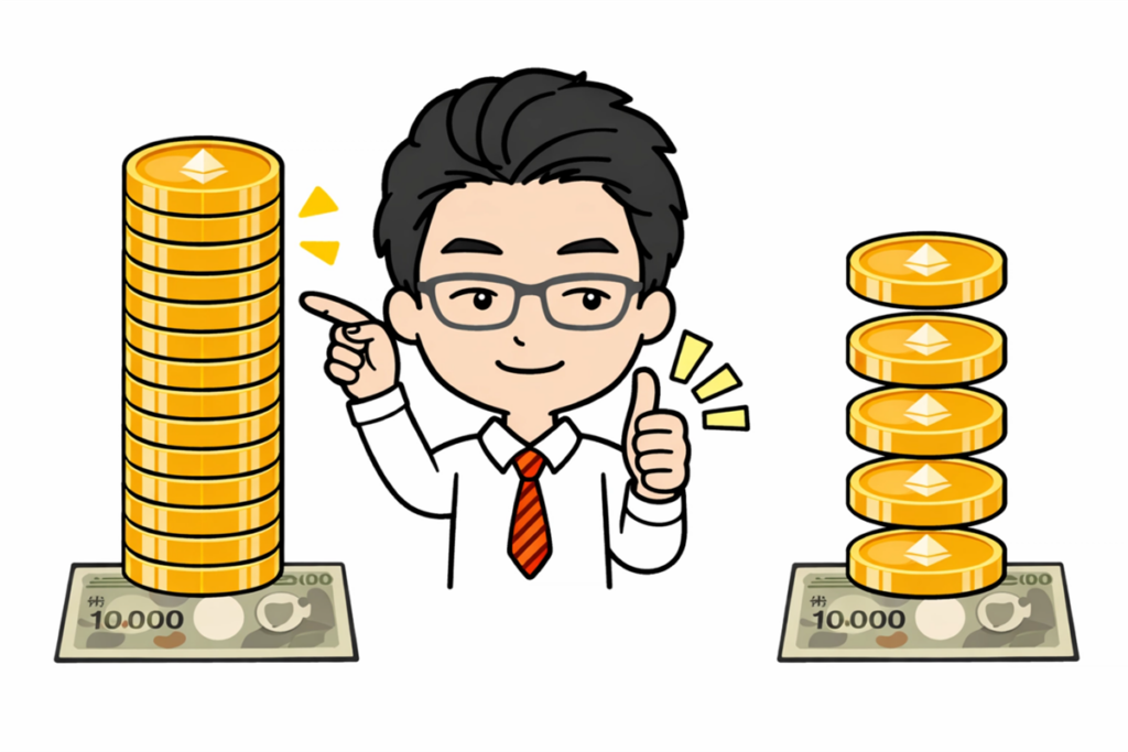 販売所の「スプレッド」を視覚的に解説するイメージ図。SBI VCトレードの狭いスプレッドが、コストを抑えた効率的な投資に繋がることを表現。