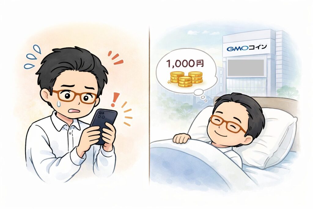 50代の暗号資産投資において大切な「心の余裕」をイメージした、穏やかな雰囲気の写真