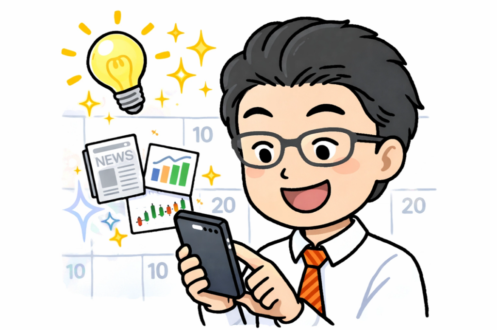 10日おきの資産チェックが学習習慣に繋がることを示すイメージ図。定期的に市場に触れることで、50代の脳を活性化させ、新しい知識を無理なく吸収し続ける仕組みを表現。