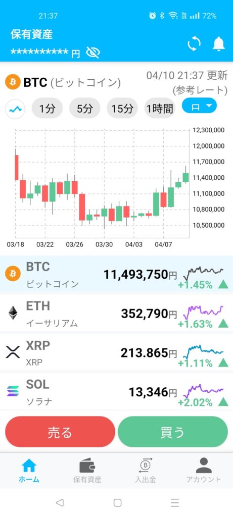 2026年4月10日のビットポイント(BITPOINT)取引画面。2万円分のビットコイン(BTC)積立購入が完了したことを示す約定履歴のスクリーンショット。